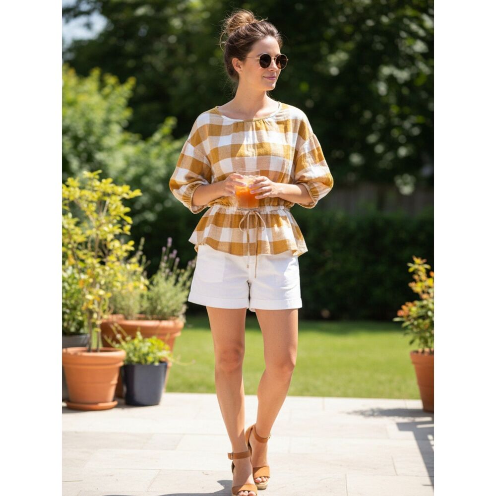 Who What Wear White & Mustard Plaid Drawstring Top | Puff Sleeve Linen - Size L